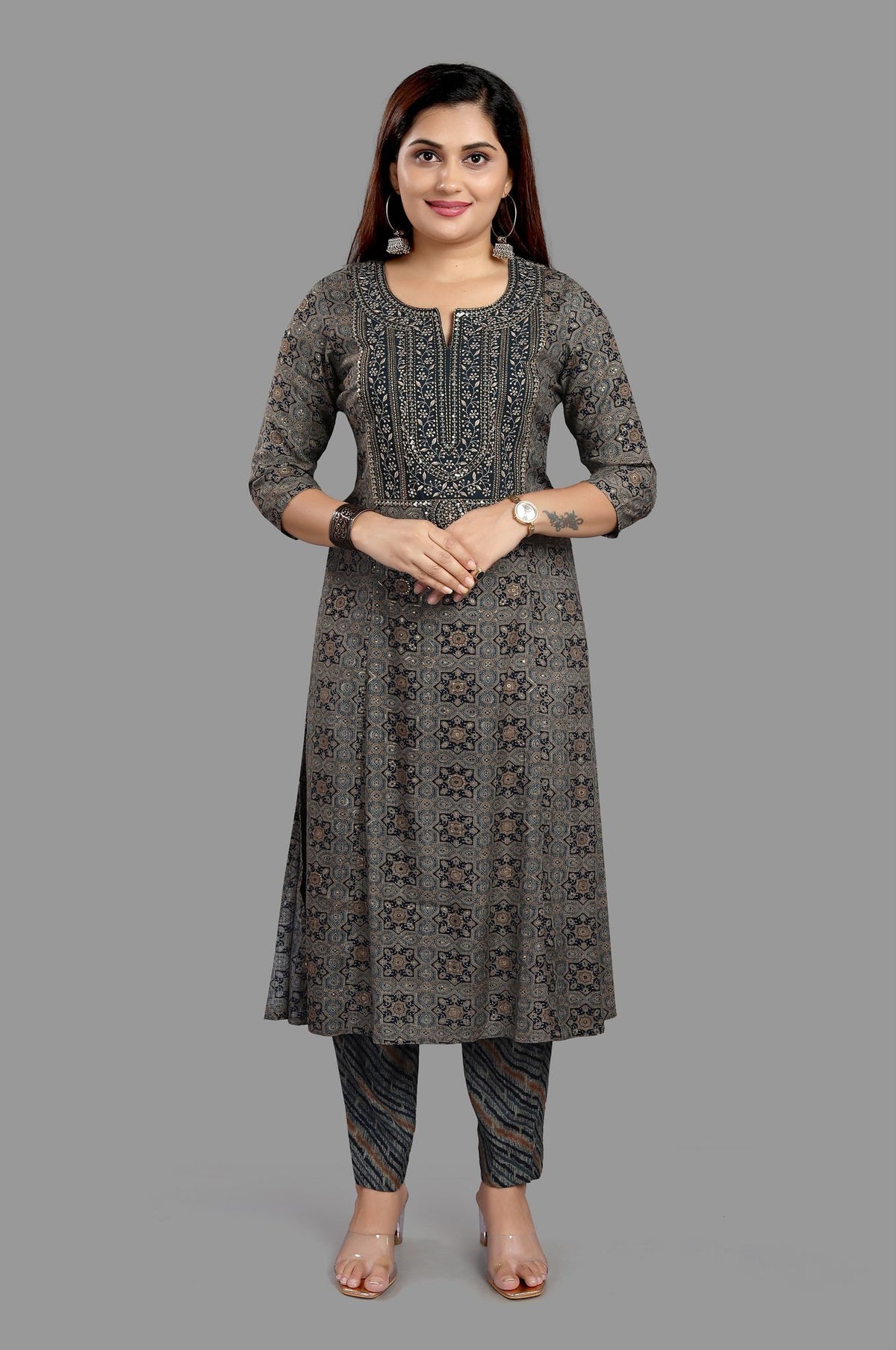 Elham Black & Gray Cotton Kurta With Pant Set