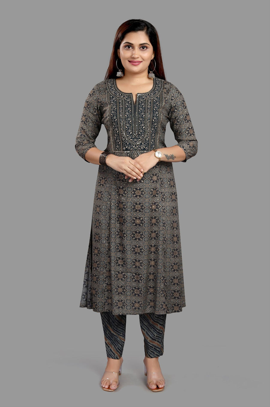 Elham Black & Gray Cotton Kurta With Pant Set