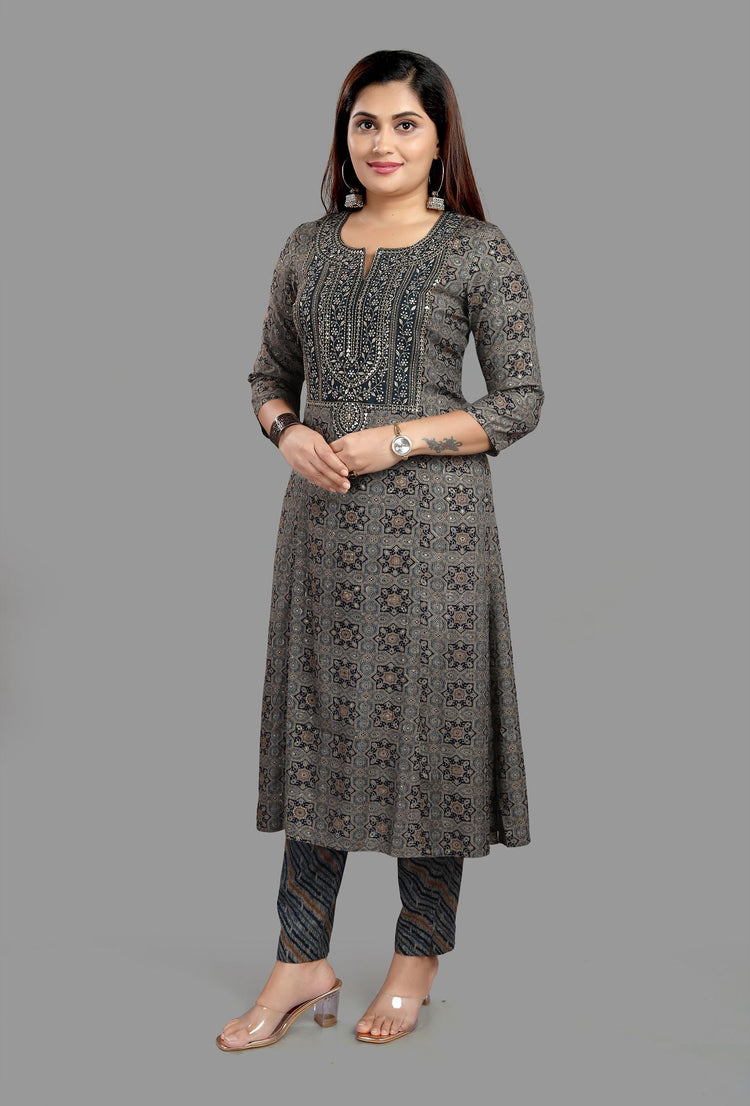 Elham Black & Gray Cotton Kurta With Pant Set