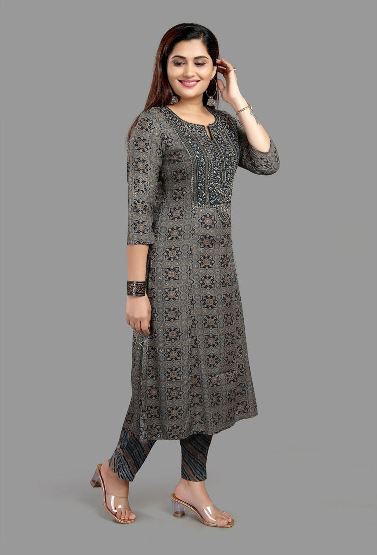 Elham Black & Gray Cotton Kurta With Pant Set