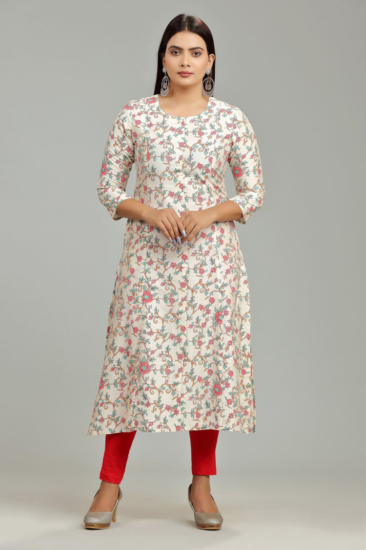 Ena Off White Cotton Silk Printed A Line Kurti