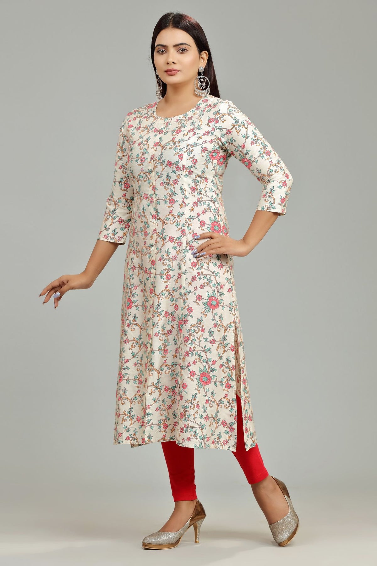 Ena Off White Cotton Silk Printed A Line Kurti