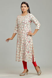 Ena Off White Cotton Silk Printed A Line Kurti