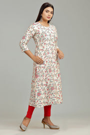 Ena Off White Cotton Silk Printed A Line Kurti