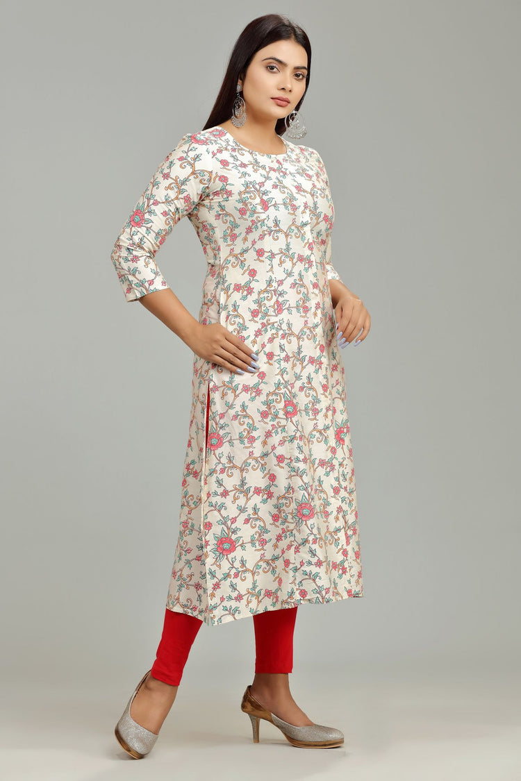 Ena Off White Cotton Silk Printed A Line Kurti