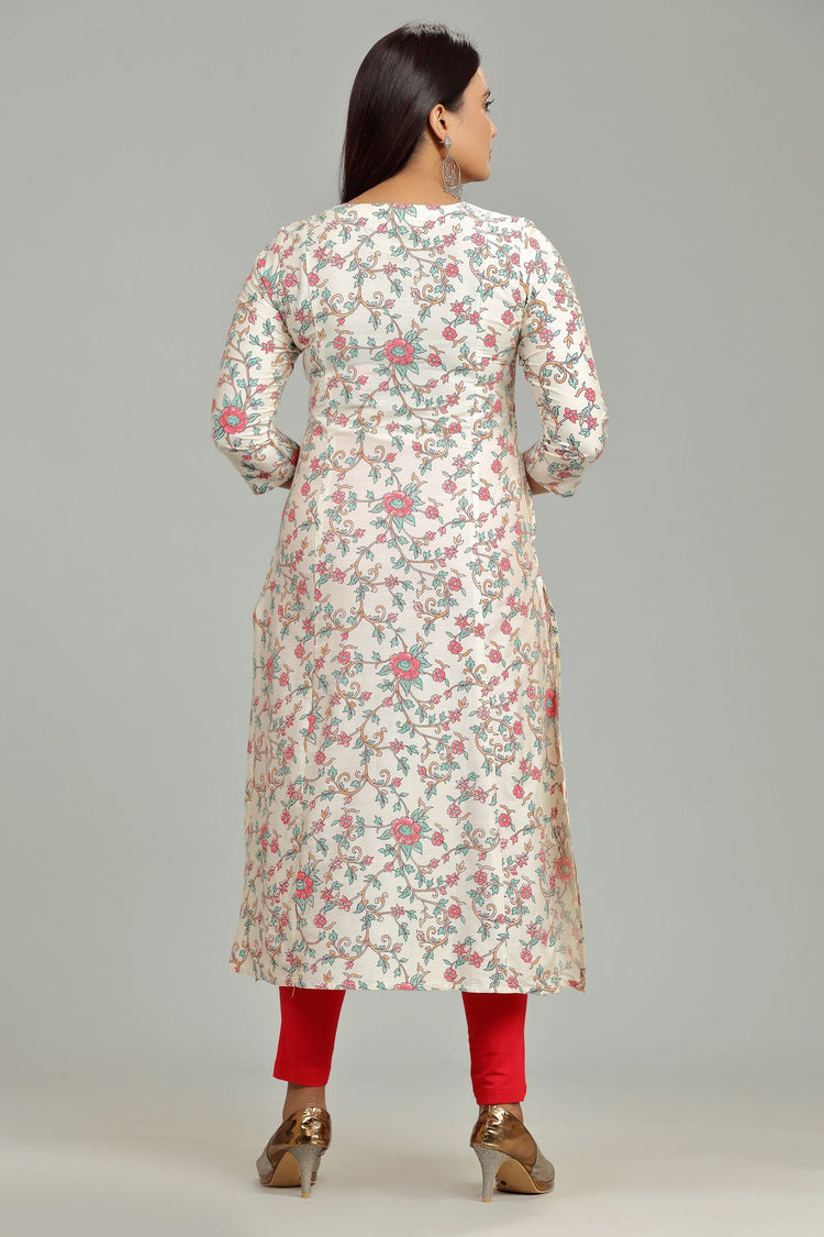 Ena Off White Cotton Silk Printed A Line Kurti