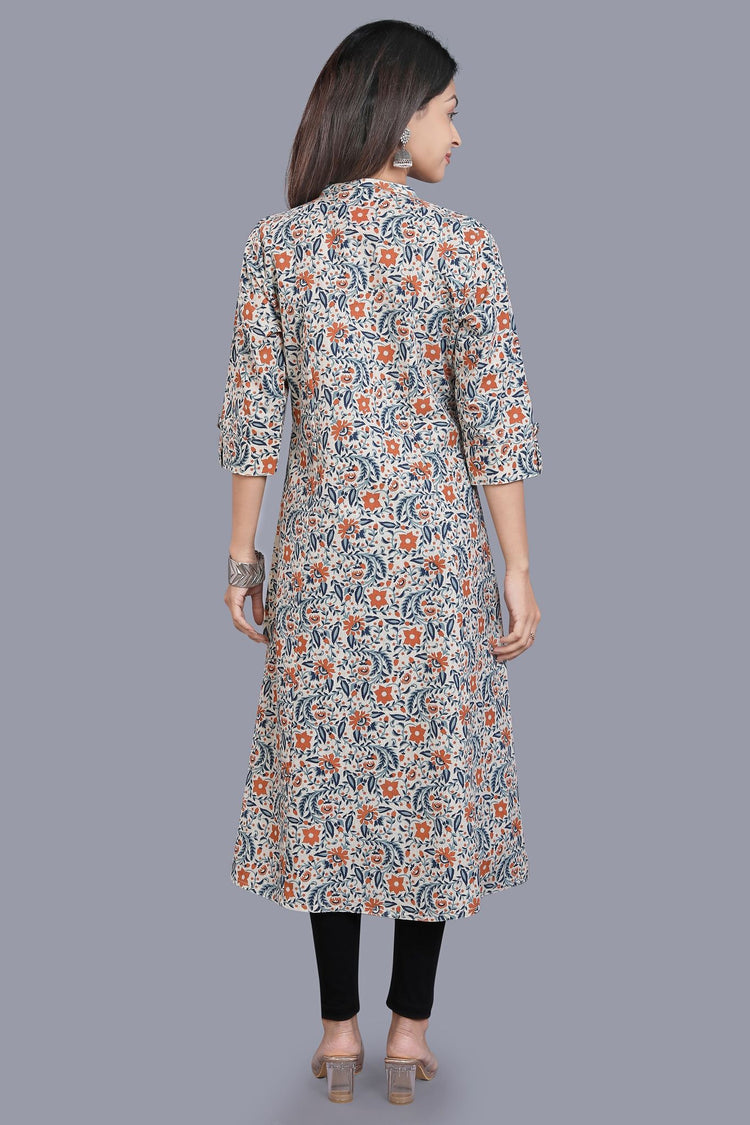 Eshal Off White & Blue Flex Cotton Straight Kurti