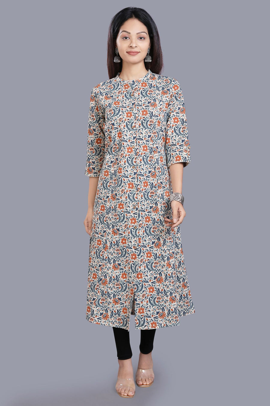 Eshal Off White & Blue Flex Cotton Straight Kurti