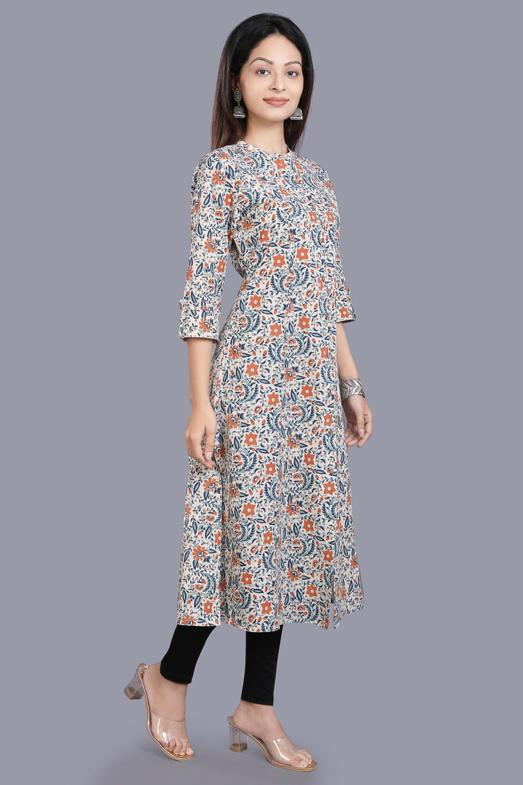 Eshal Off White & Blue Flex Cotton Straight Kurti