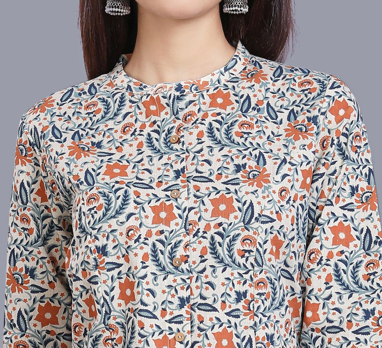 Eshal Off White & Blue Flex Cotton Straight Kurti