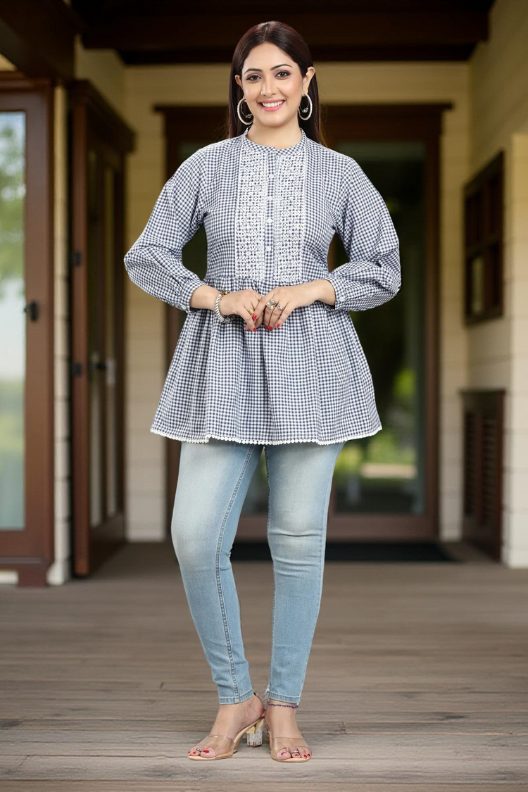 Gray Cotton Embroidered Short Kurta