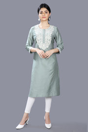Etisha Pista Green Cotton Silk Embroidered Straight Kurti