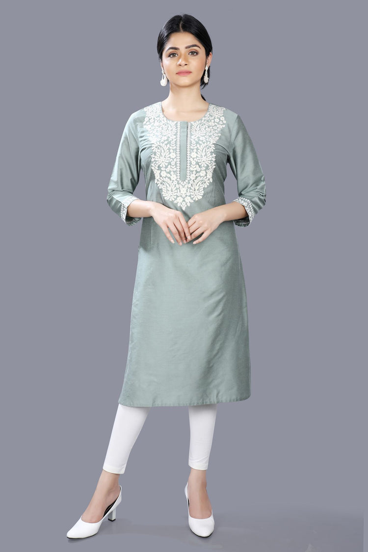 Etisha Pista Green Cotton Silk Embroidered Straight Kurti