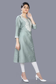 Etisha Pista Green Cotton Silk Embroidered Straight Kurti