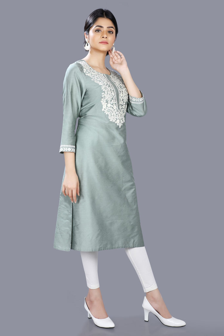 Etisha Pista Green Cotton Silk Embroidered Straight Kurti