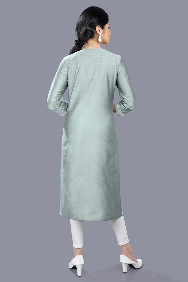 Etisha Pista Green Cotton Silk Embroidered Straight Kurti