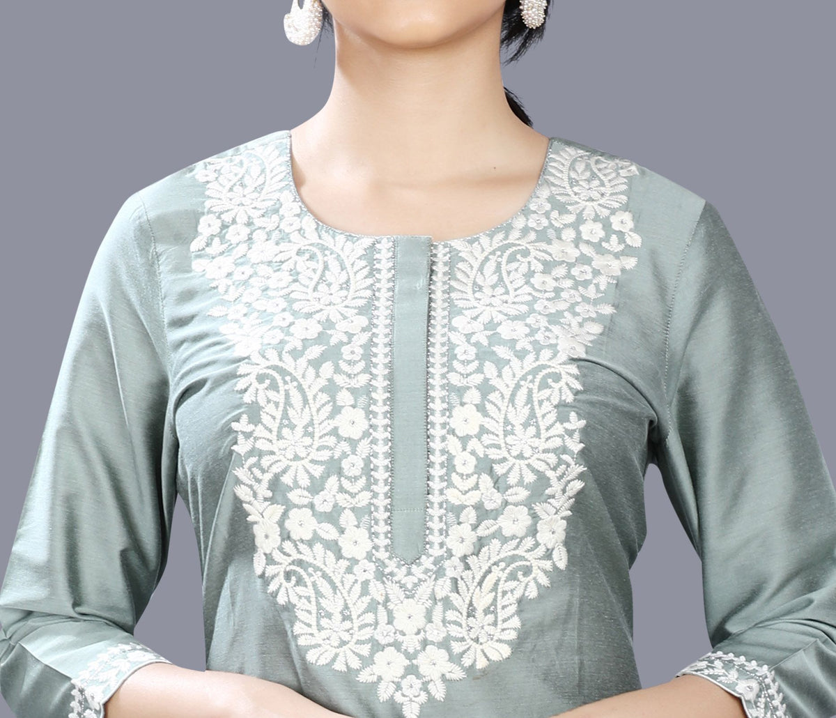Etisha Pista Green Cotton Silk Embroidered Straight Kurti