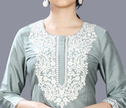 Etisha Pista Green Cotton Silk Embroidered Straight Kurti