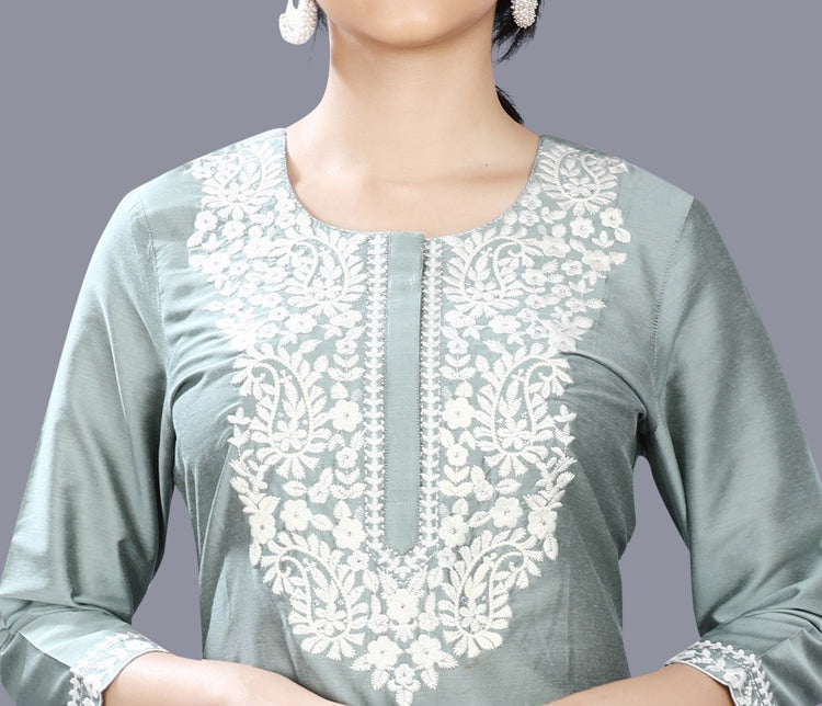 Etisha Pista Green Cotton Silk Embroidered Straight Kurti
