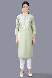Ezel Pista Green Cotton Silk Embroidered Straight Kurti