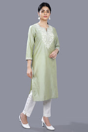 Ezel Pista Green Cotton Silk Embroidered Straight Kurti