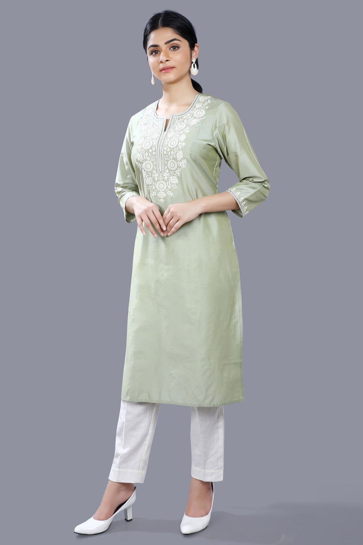 Ezel Pista Green Cotton Silk Embroidered Straight Kurti