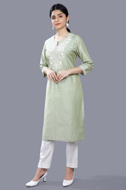 Ezel Pista Green Cotton Silk Embroidered Straight Kurti