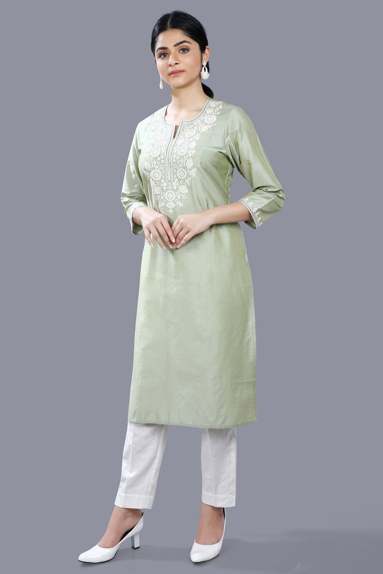 Ezel Pista Green Cotton Silk Embroidered Straight Kurti