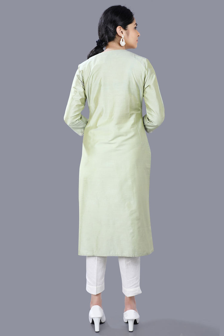 Ezel Pista Green Cotton Silk Embroidered Straight Kurti