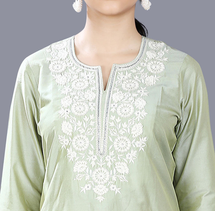 Ezel Pista Green Cotton Silk Embroidered Straight Kurti
