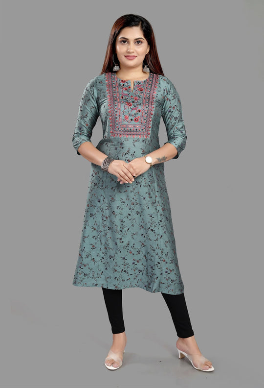 Ezzah Gray Cotton Silk Embroidered A-Line Kurta