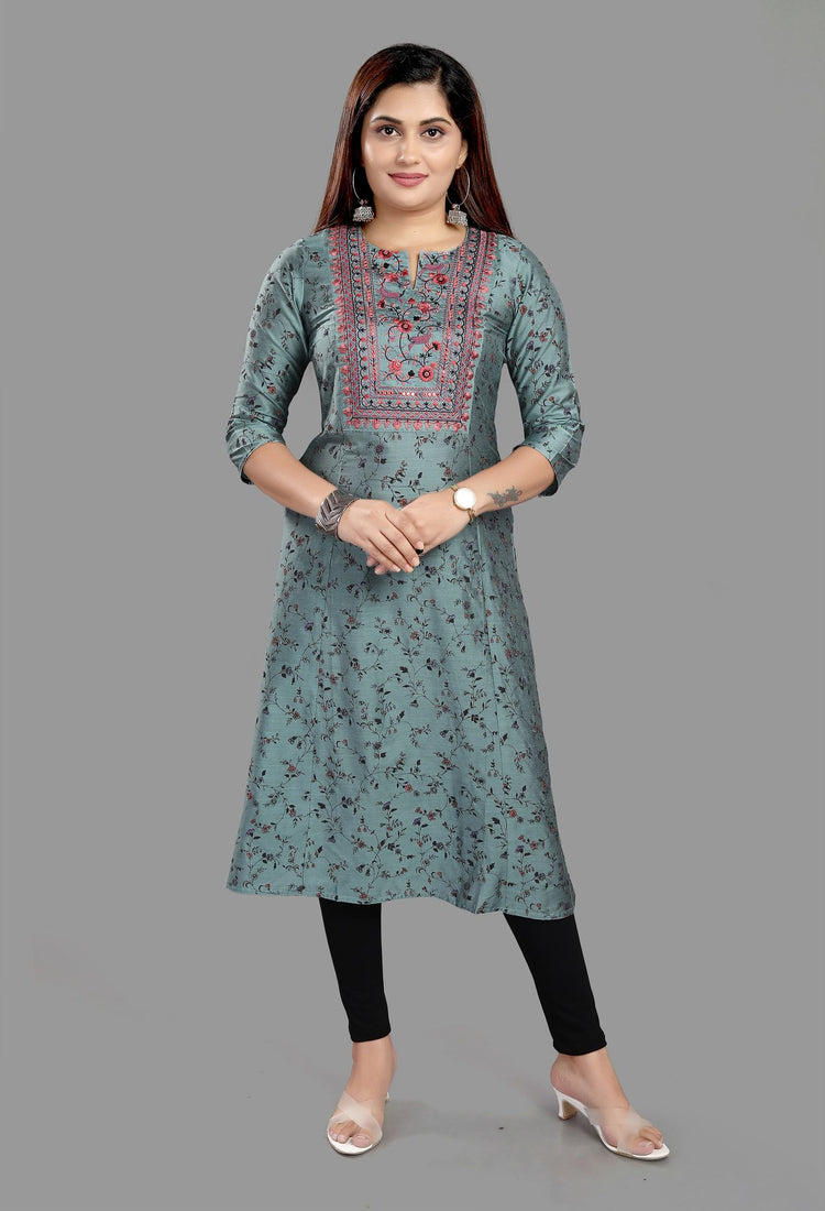 Ezzah Gray Cotton Silk Embroidered A-Line Kurta
