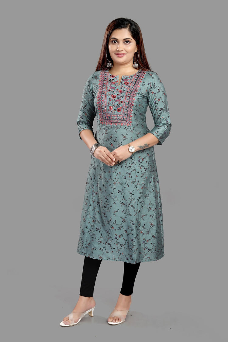 Ezzah Gray Cotton Silk Embroidered A-Line Kurta