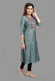 Ezzah Gray Cotton Silk Embroidered A-Line Kurta