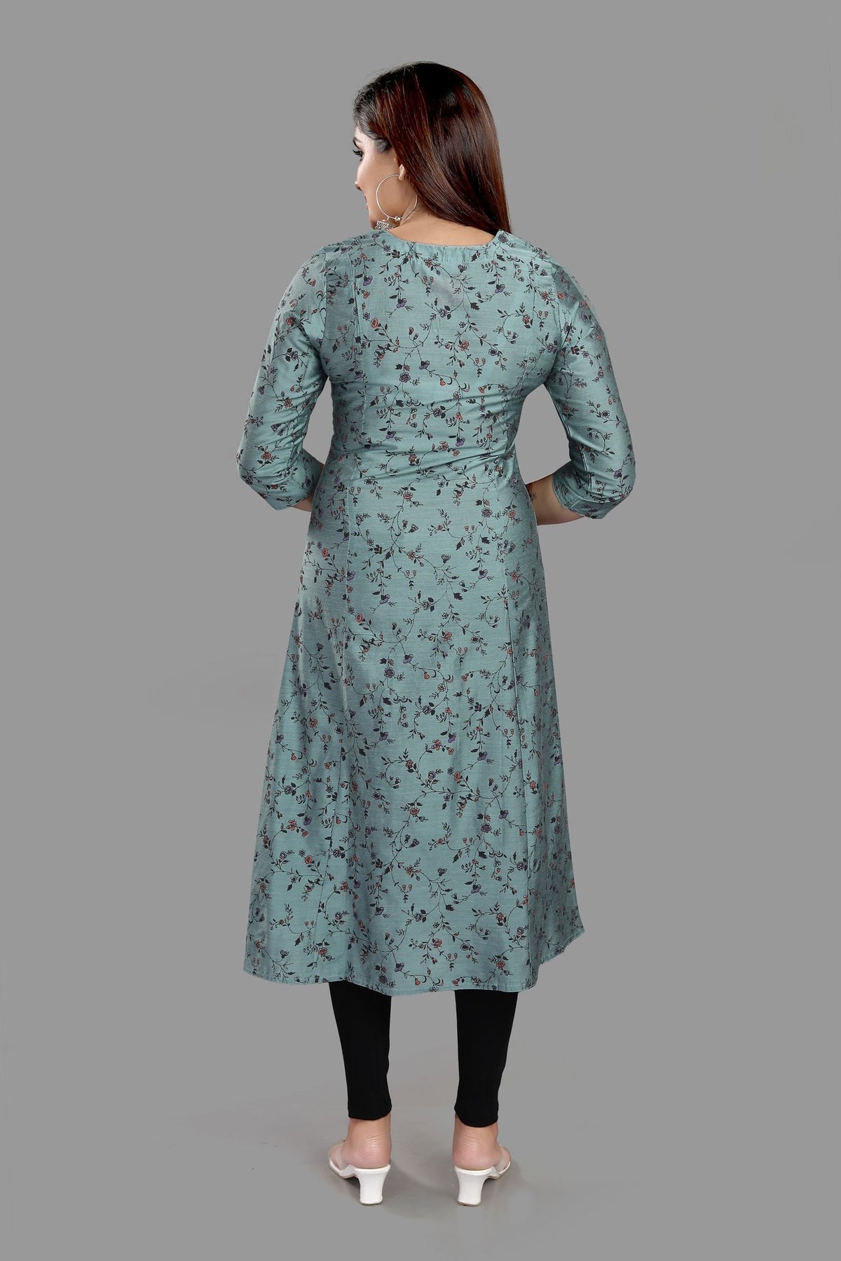 Ezzah Gray Cotton Silk Embroidered A-Line Kurta