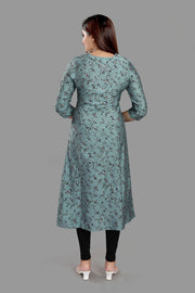 Ezzah Gray Cotton Silk Embroidered A-Line Kurta