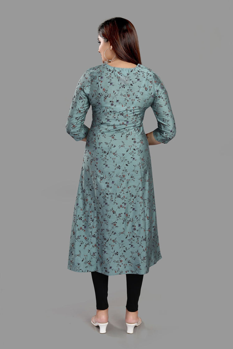 Ezzah Gray Cotton Silk Embroidered A-Line Kurta