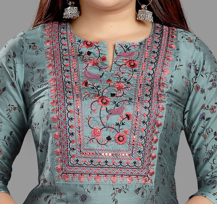 Ezzah Gray Cotton Silk Embroidered A-Line Kurta