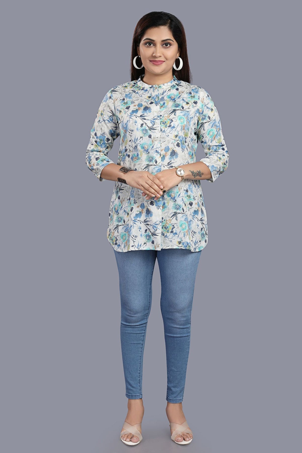 Falak White & Blue Cotton Short Kurtis