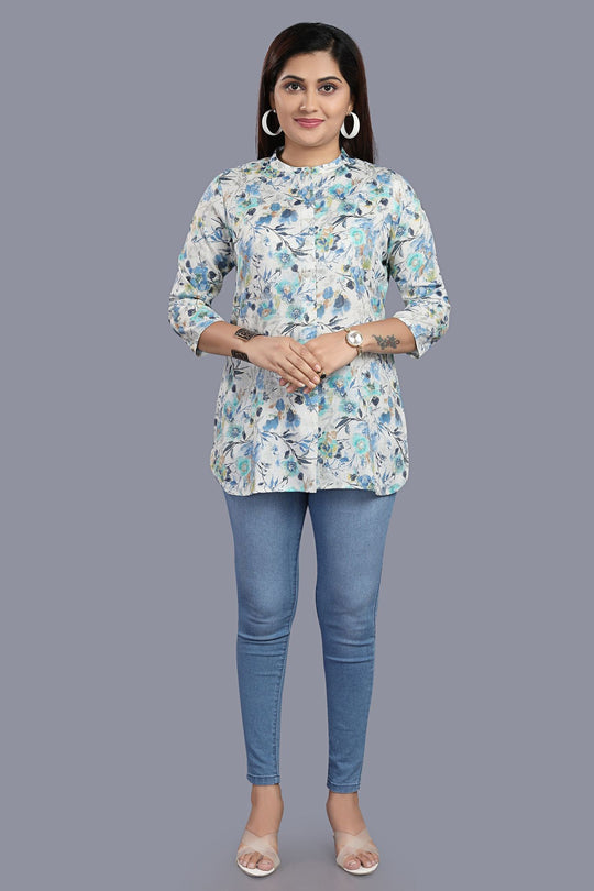 Falak White & Blue Cotton Short Kurtis