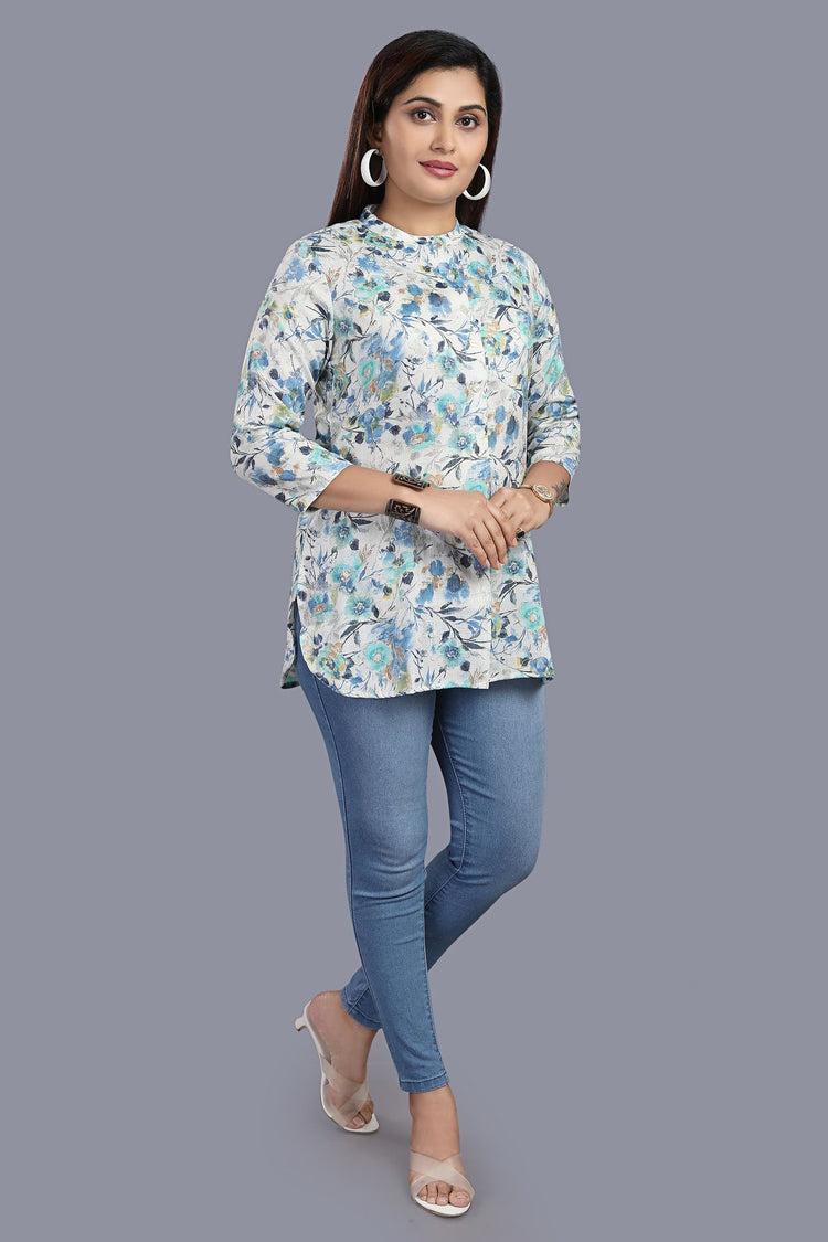 Falak White & Blue Cotton Short Kurtis