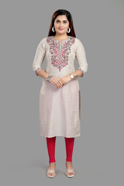 Fariah Off White Cotton Embroidered Straight Kurtis