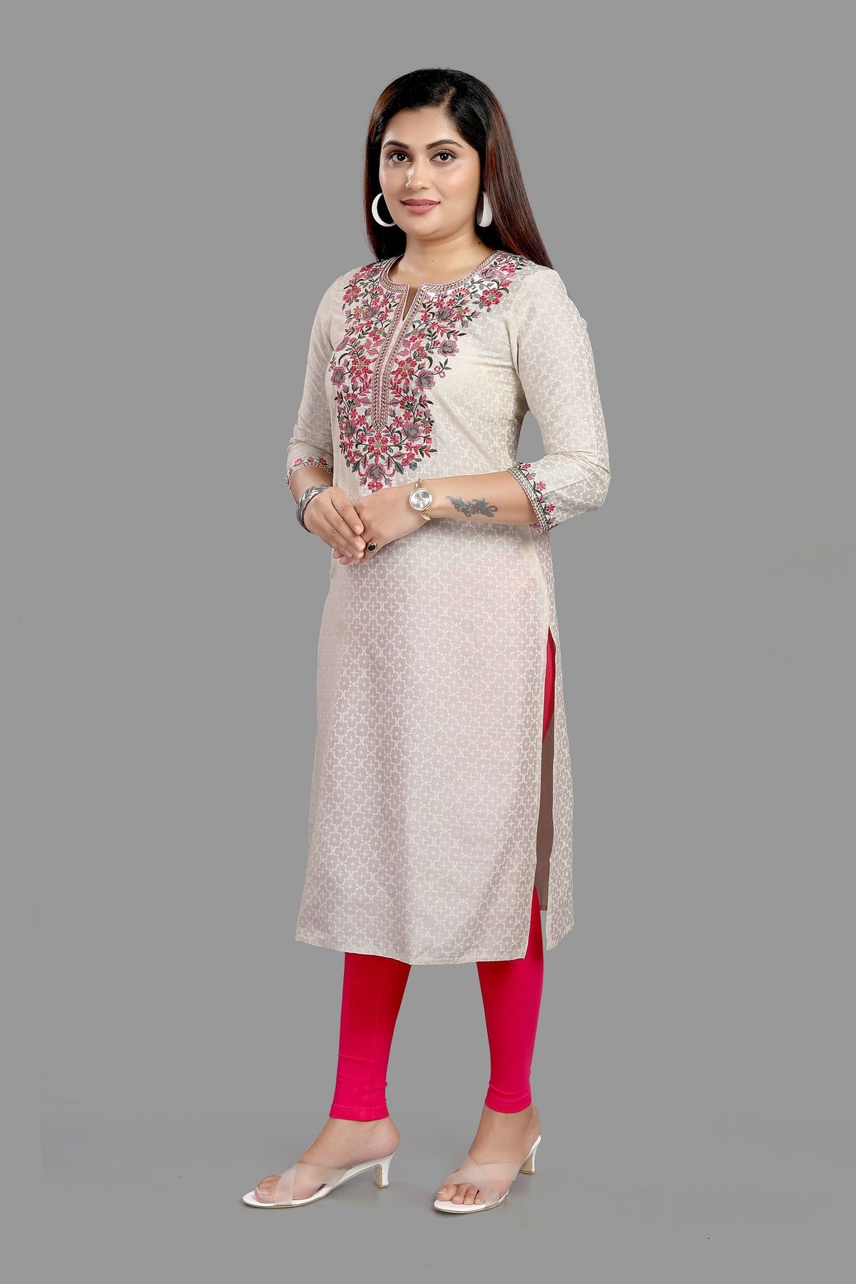 Fariah Off White Cotton Embroidered Straight Kurtis