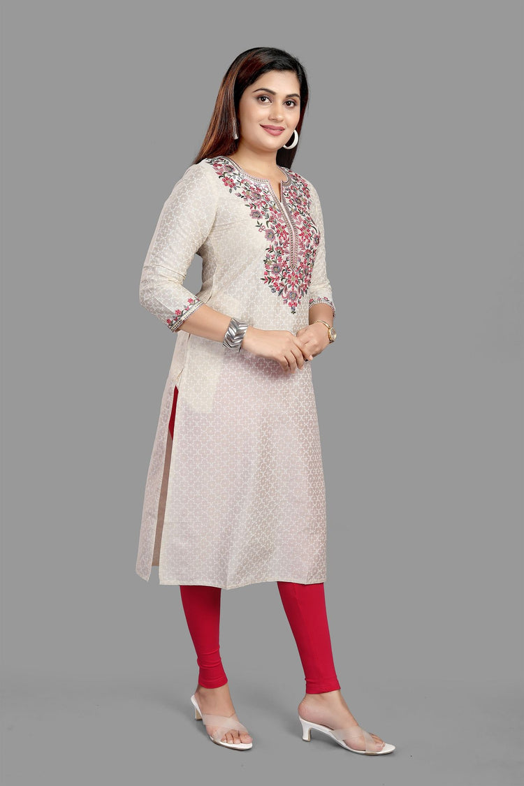 Fariah Off White Cotton Embroidered Straight Kurtis