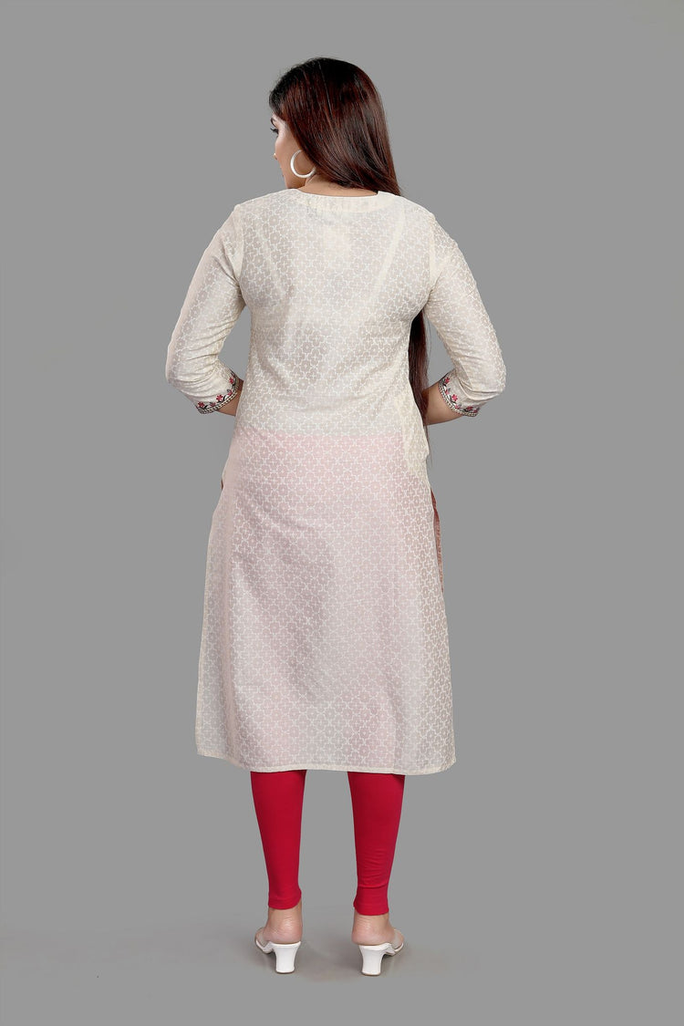 Fariah Off White Cotton Embroidered Straight Kurtis