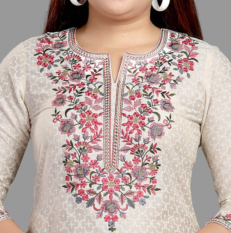 Fariah Off White Cotton Embroidered Straight Kurtis