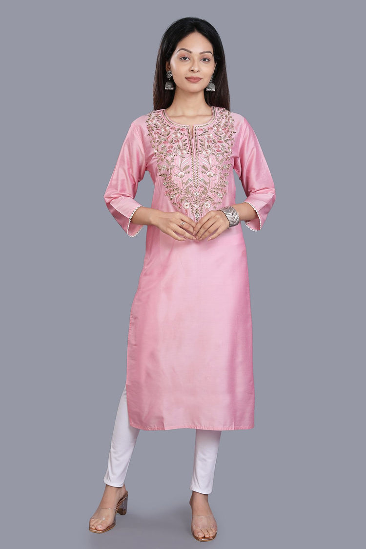 Feryal Pink Cotton Silk Embroidered Straight Kurti