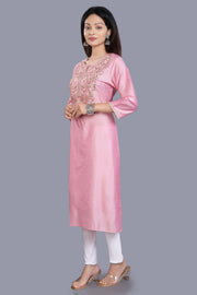Feryal Pink Cotton Silk Embroidered Straight Kurti