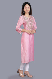 Feryal Pink Cotton Silk Embroidered Straight Kurti