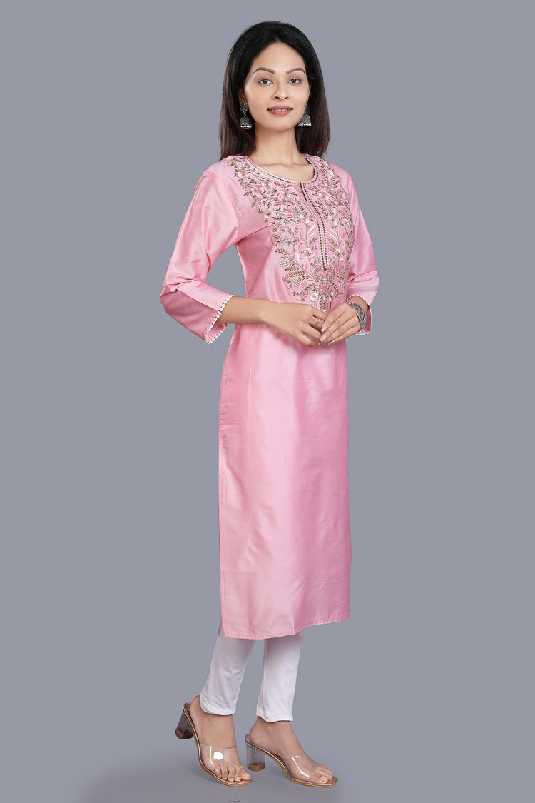 Feryal Pink Cotton Silk Embroidered Straight Kurti